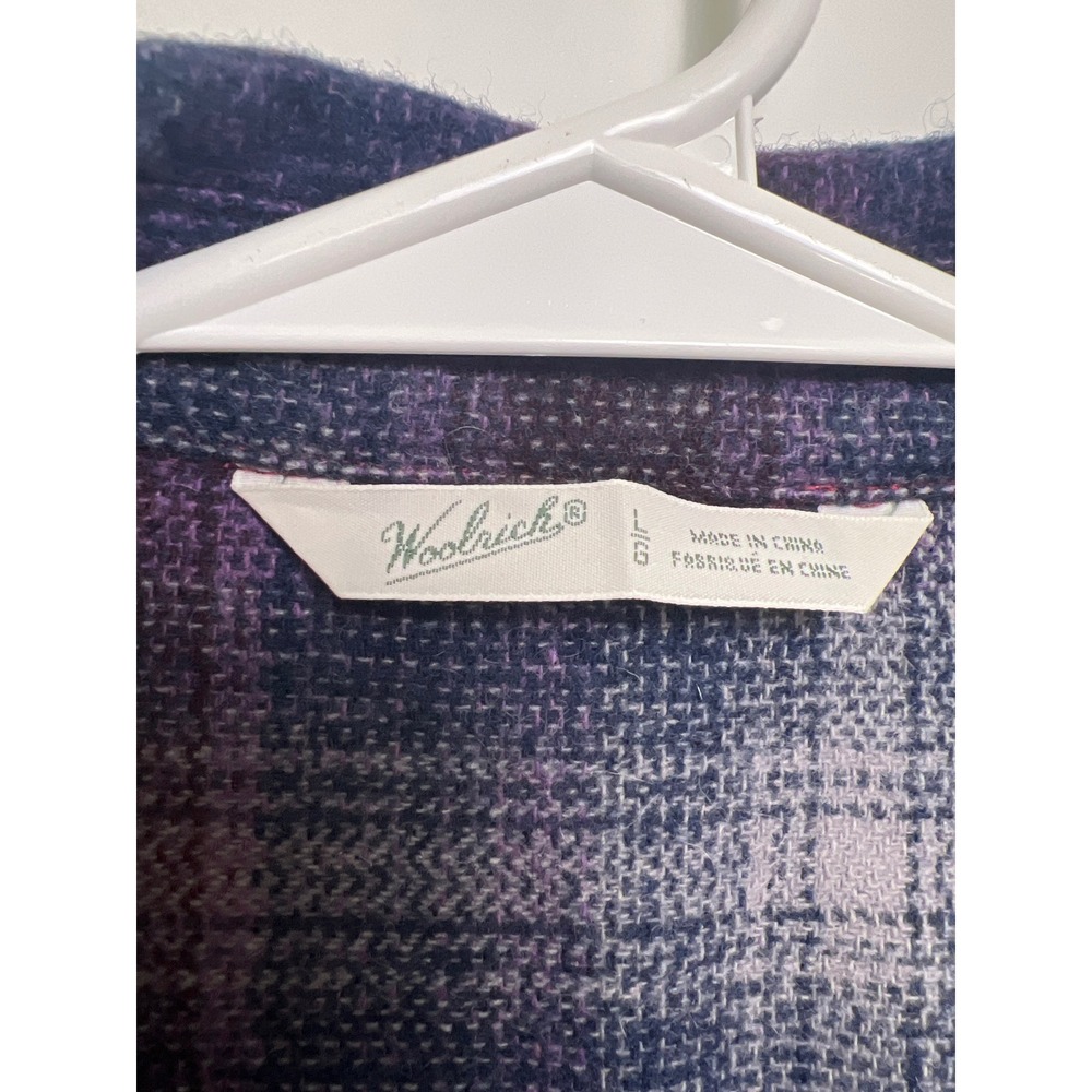 Woolrich Womens Purple Blue Plaid 100% Wool Flannel Shirt L Lumberjack Rustic - Picture 3 of 10